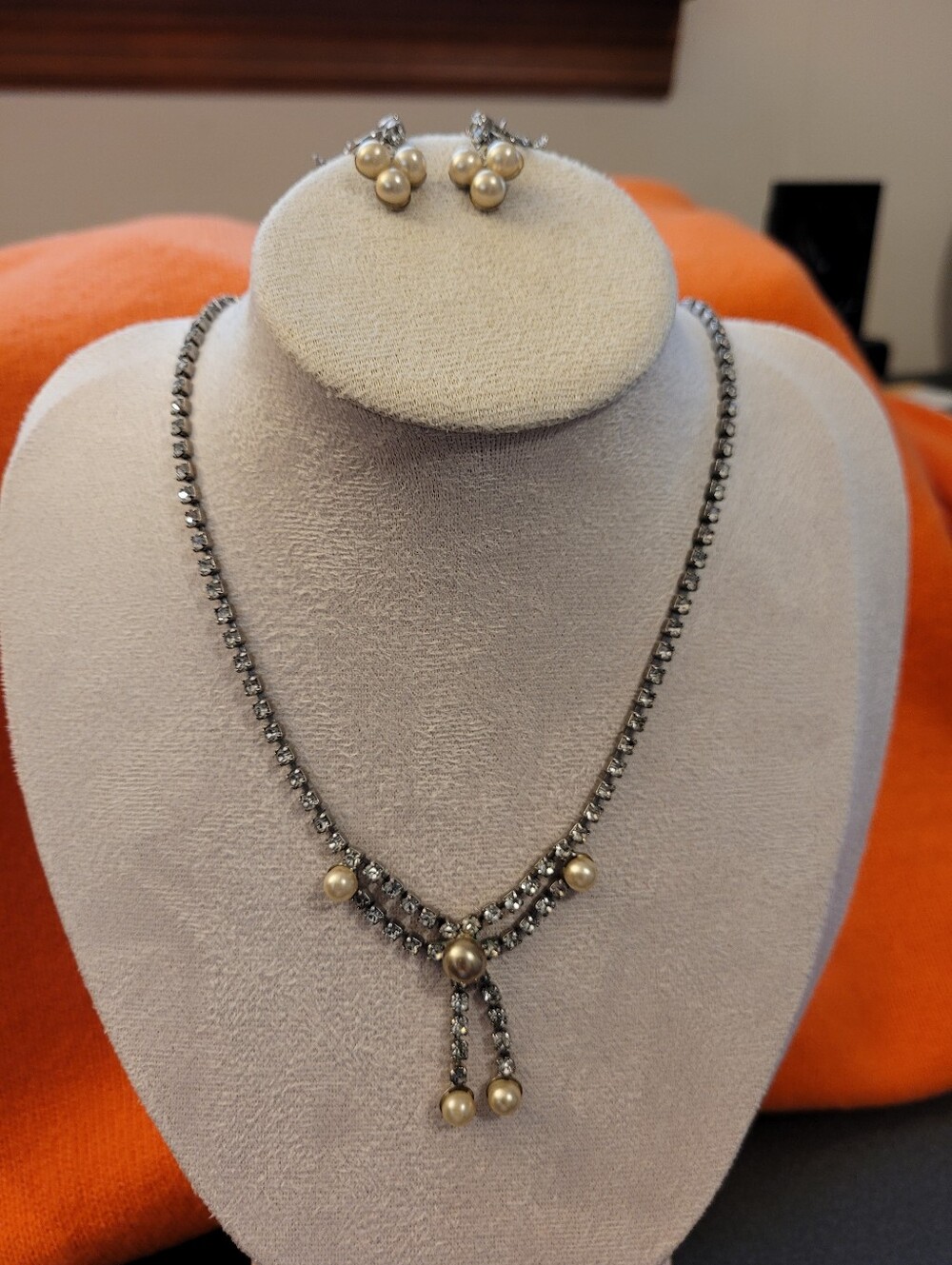 Antique Vintage Simulated Pearl and Crystal Drop Necklace and Earring Set